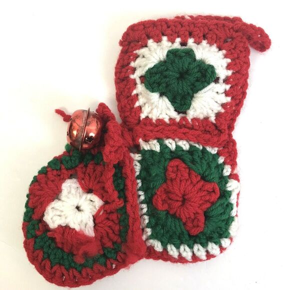 Granny Square Christmas Stocking With Bell Red Green White Handmade Crochet Gift - Picture 1 of 4